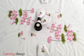 Rectangle pink lotus embroidery table cloth 300x180cm - include 12 napkins